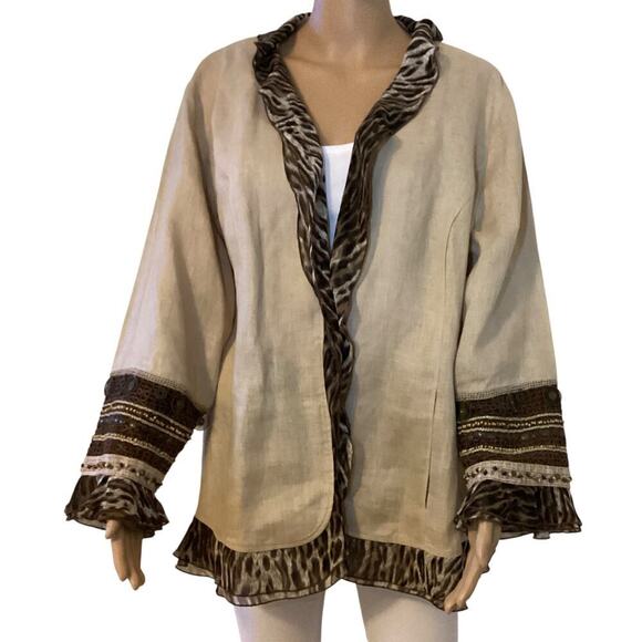 Chico's Women's 100% Linen Blazer with Animal Print Embellishments women’s XL - Picture 1 of 6